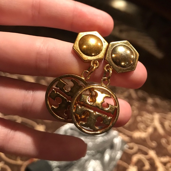 Tory Burch gold dangle earrings with emblem - Picture 2 of 3